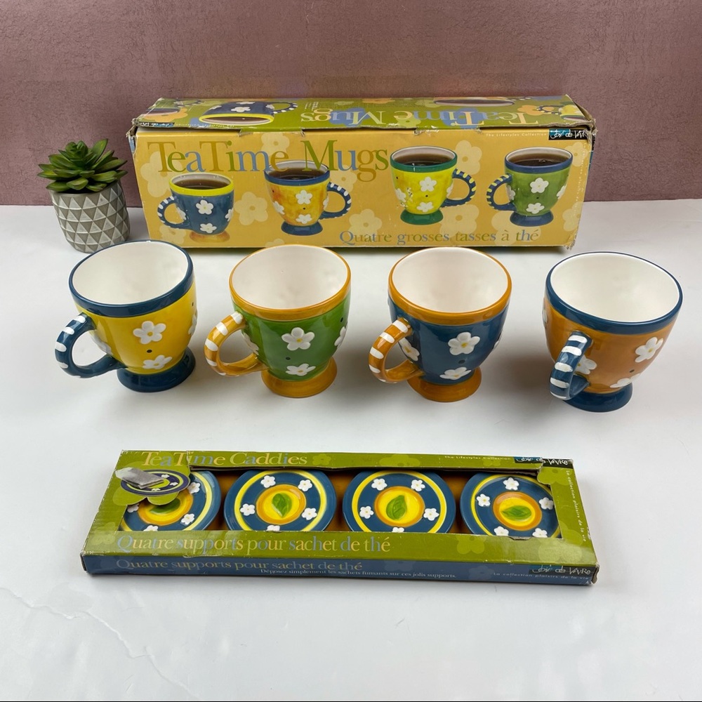 Tea Time Floral Mugs And Caddies New Set Of 4